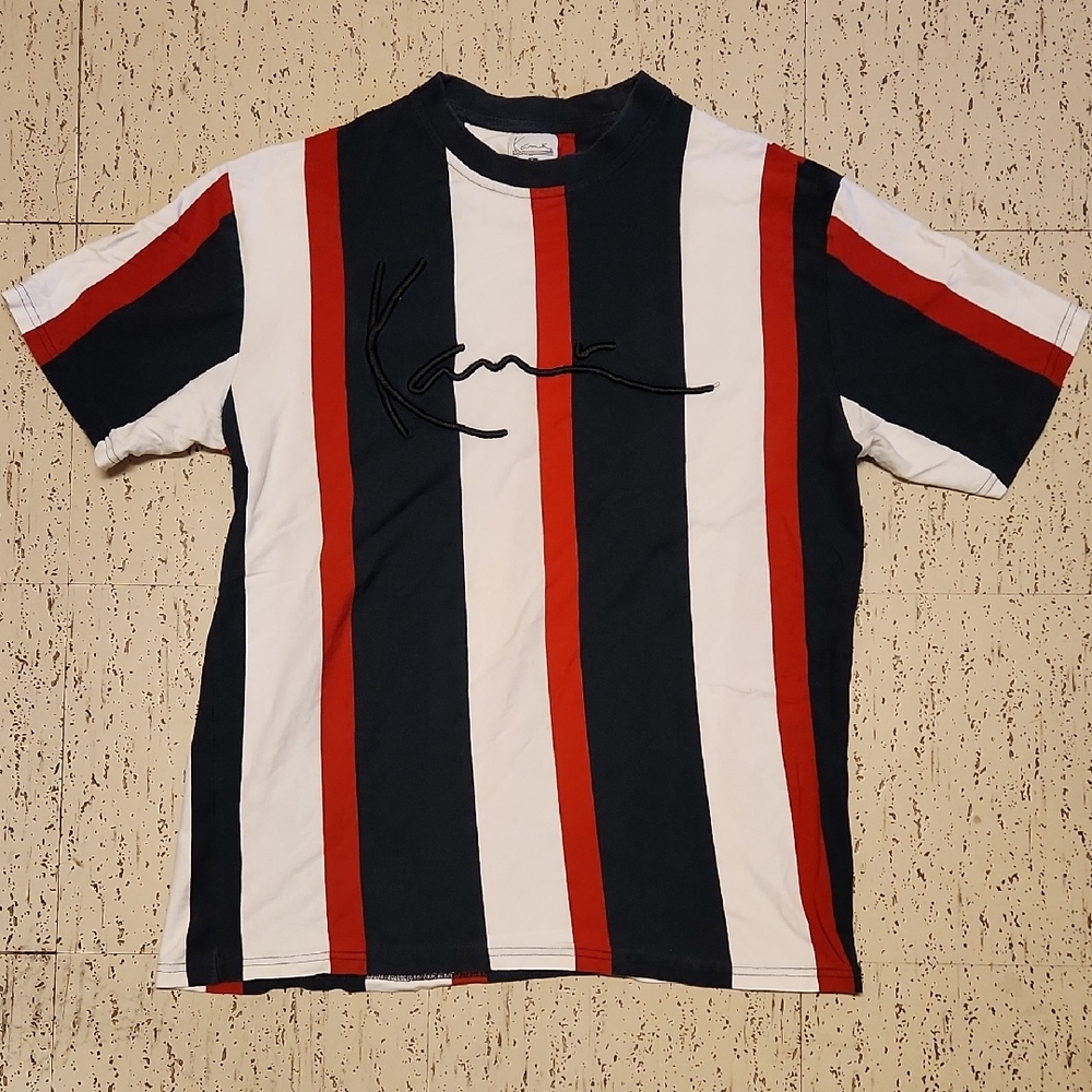 Karl Kani Stripe Spellout Logo Crewneck T-Shirt Vintage Y2K White, Blue & Red